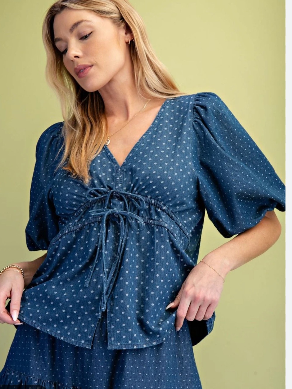 New Blue Denim Polka Dot Bow Tie-Front Puff Sleeve Blouse